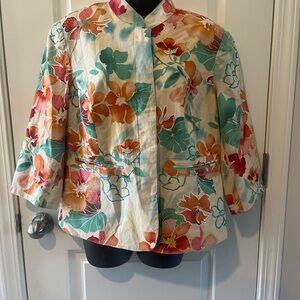 Coldwater Creek Floral Linen-Blend Cropped Blazer in Teal, Orange & Pink